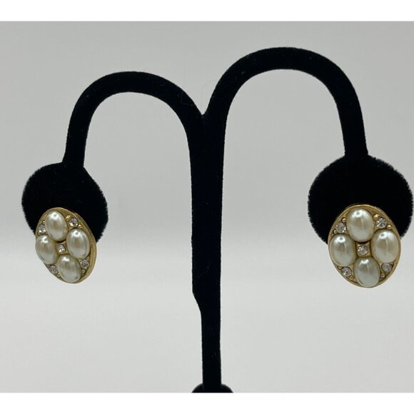 2 Pairs Pierced Earrings Gold Silver Tones Faux Pearls Clear Rhinestones - Picture 2 of 13